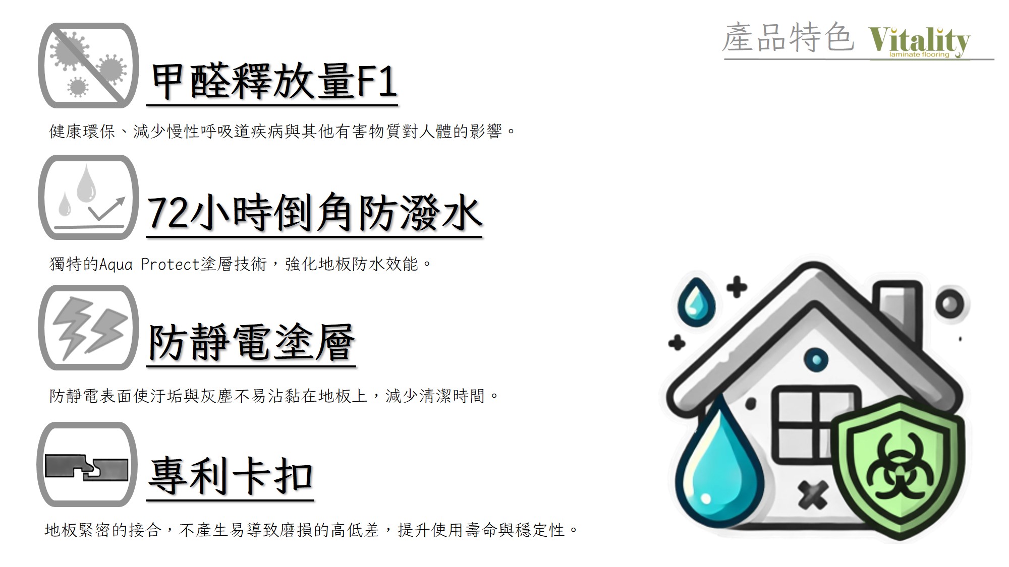 Vitality 超耐磨木地板特色與認證示意